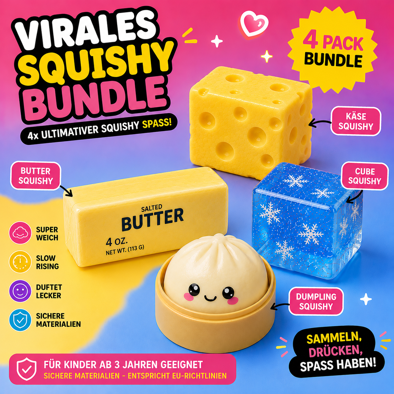 Virale Squishies Bundle (4 verschiedene Squishies)